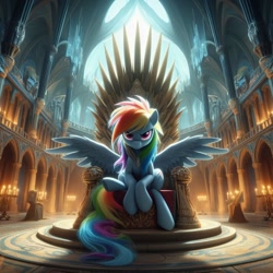 Size: 1024x1024 | Tagged: safe, ai content, derpibooru import, generator:dall-e 3, machine learning generated, rainbow dash, pegasus, pony, g4, candle, female, lidded eyes, looking at you, mare, prompter needed, sitting, solo, solo female, spread wings, throne, throne room, wings