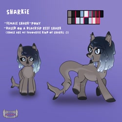 Size: 1600x1600 | Tagged: safe, derpibooru import, oc, oc only, oc:sharkie, goo, goo pony, original species, pony, shark, shark pony, colored, digital art, female, fish tail, gradient background, open mouth, reference sheet, shark tail, smiling, solo, tail, teeth