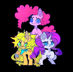 Size: 1021x1008 | Tagged: safe, artist:cutesykill, derpibooru import, applejack, pinkie pie, rarity, earth pony, pony, unicorn, g4, bandage, bandaid, bandaid on nose, bandana, beanbrows, black background, closed mouth, ear piercing, earring, eyebrows, female, freckles, gradient mane, hatless, jewelry, looking at you, mare, missing accessory, neckerchief, piercing, ponytail, raised hoof, raised leg, rearing, simple background, standing, trio