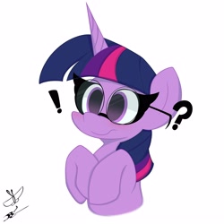 Size: 3000x3000 | Tagged: safe, artist:daftramms, derpibooru import, twilight sparkle, pony, unicorn, g4, confused, cute, exclamation point, fanart, glasses, high res, question mark, simple background, solo, white background