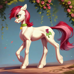 Size: 4096x4096 | Tagged: safe, ai content, derpibooru import, generator:purplesmart.ai, generator:stable diffusion, machine learning generated, roseluck, pony, g4, collar, cute, elegant, female, fluffy, pet tag, pony pet, prompter:doom9454, rosepet, solo, solo female, walking