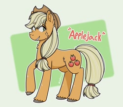 Size: 1172x1028 | Tagged: safe, artist:minterix, derpibooru import, applejack, earth pony, pony, g4, applejack's hat, chest fluff, clothes, cowboy hat, cute, ear fluff, ears, female, freckles, grin, hat, jackabetes, mare, raised hoof, raised leg, smiling, solo, unshorn fetlocks