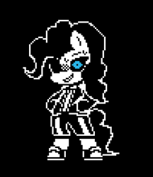 Size: 1200x1392 | Tagged: safe, artist:menalia, derpibooru import, pinkie pie, earth pony, pony, g4, alternate universe, bipedal, black and white, black background, clothes, female, glowing, glowing eyes, grayscale, jacket, mare, monochrome, pixel art, sans (undertale), shoes, shorts, simple background, sneakers, style emulation, undertale