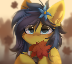 Size: 6200x5500 | Tagged: safe, artist:lunylin, derpibooru import, oc, oc only, pegasus, pony, absurd resolution, autumn, blushing, cheek fluff, clothes, ear fluff, ears, eye clipping through hair, falling leaves, female, folded wings, leaves, looking at you, mare, mouth hold, pegasus oc, scarf, smiling, smiling at you, solo, wings