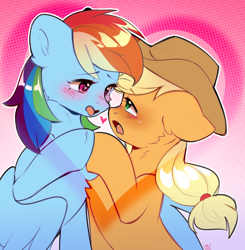 Size: 1960x1997 | Tagged: safe, artist:pledus, derpibooru import, applejack, rainbow dash, earth pony, pegasus, pony, g4, appledash, applejack's hat, blushing, boop, chest fluff, clothes, cowboy hat, duo, duo female, eye contact, eyebrows, eyebrows visible through hair, female, freckles, hat, heart, heart eyes, holding hooves, lesbian, looking at each other, looking at someone, mare, noseboop, open mouth, shipping, signature, wingding eyes, wings