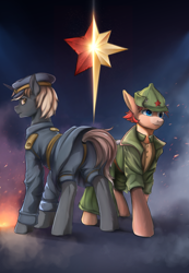 Size: 1650x2380 | Tagged: safe, artist:kirby_orange, derpibooru import, earth pony, unicorn, clothes, commission, duo focus, ear fluff, ears, hat, jacket, looking at each other, looking at someone, male, military, military uniform, short hair, uniform