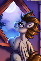 Size: 2000x3000 | Tagged: safe, artist:jedayskayvoker, derpibooru import, oc, oc:core, pegasus, pony, colored sketch, commission, cute, ear fluff, ears, fluffy, folded wings, high res, pegasus oc, sitting, sketch, smiling, window, wings