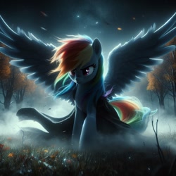 Size: 1024x1024 | Tagged: safe, ai content, derpibooru import, generator:bing image creator, machine learning generated, rainbow dash, pegasus, pony, g4, cloak, clothes, female, fog, glare, mare, prompter:6dpegasus, spread wings, windswept mane, wings