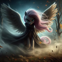 Size: 1024x1024 | Tagged: safe, ai content, derpibooru import, generator:bing image creator, machine learning generated, fluttershy, pegasus, pony, g4, cloak, clothes, fog, prompter:6dpegasus, spread wings, windswept mane, wings
