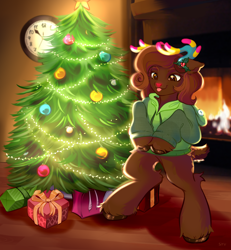 Size: 5808x6279 | Tagged: safe, artist:syu, derpibooru import, oc, deer, deer pony, hybrid, original species, pony, bipedal, christmas, christmas decoration, christmas lights, christmas tree, clock, clothes, commission, cute, deer oc, fireplace, fluffy, holiday, holly, hoodie, hooves to the chest, horns, lights, looking at something, non-pony oc, present, red nose, silly, solo, tongue, tongue out, tree