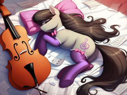 Size: 1024x768 | Tagged: safe, ai content, derpibooru import, generator:pony diffusion v6 xl, generator:purplesmart.ai, generator:stable diffusion, machine learning generated, octavia melody, earth pony, pony, g4, bow, bowtie, butt, cello, clothes, eyes closed, female, indoors, lying down, mare, musical instrument, on side, paper, pillow, plot, prompt in description, prompter:siber, sleeping, socks, solo, stockings, thigh highs, treblebutt