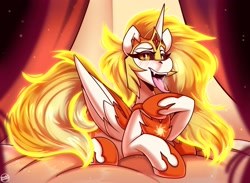 Size: 2250x1650 | Tagged: safe, artist:shadowreindeer, derpibooru import, daybreaker, alicorn, g4, bedroom, blushing, hot, open mouth, solo, tongue, tongue out