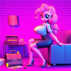 Size: 1024x1024 | Tagged: safe, ai content, derpibooru import, machine learning generated, pinkie pie, anthro, g4, bag, big breasts, breasts, cup, curvy, female, figurine, handbag, high heels, hourglass figure, huge breasts, lamp, looking at you, miniature, office lady, pinkie pies, prompter:horselover fat, sexy, shoes, side view, sideboob, sitting, sofa, solo