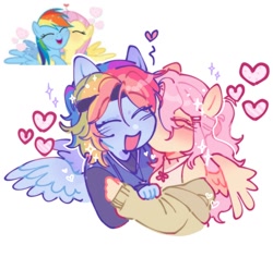 Size: 1376x1298 | Tagged: safe, artist:aj2020ahgd, derpibooru import, fluttershy, rainbow dash, human, pegasus, pony, g4, blushing, bust, clothes, cute, dashabetes, eared humanization, eyes closed, female, flutterdash, headband, heart, humanized, jewelry, kiss on the cheek, kissing, lesbian, mare, necklace, off shoulder, off shoulder sweater, pony coloring, shipping, shyabetes, simple background, smiling, sweater, white background, winged humanization, wings