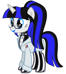 Size: 4902x5500 | Tagged: safe, artist:severity-gray, derpibooru import, oc, oc only, oc:coldlight bluestar, pony, unicorn, g4, absurd resolution, blue lipstick, boots, clothes, collar, cutie mark accessory, female, glasses, high heels, lab coat, latex, latex boots, latex socks, latex suit, lipstick, mare, pen, shoes, simple background, socks, solo, spiked collar, transparent background