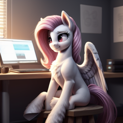 Size: 512x512 | Tagged: safe, ai content, derpibooru import, machine learning generated, pegasus, pony, g4, anatomically incorrect, chair, computer, desk, female, mare, not fluttershy, prompter needed, room, solo