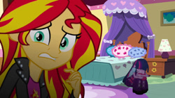 Size: 900x508 | Tagged: safe, artist:josephpatrickbrennan, derpibooru import, sunset shimmer, twilight sparkle, equestria girls, g4, bedroom, crying, looking at you, sad