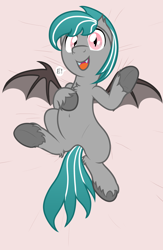 Size: 1300x2000 | Tagged: safe, artist:nitei, derpibooru import, oc, oc only, oc:malachite cluster, bat pony, pony, bat wings, bed, belly button, chest fluff, e, fangs, happy, looking at you, lying down, male, on back, open mouth, solo, unshorn fetlocks, wings