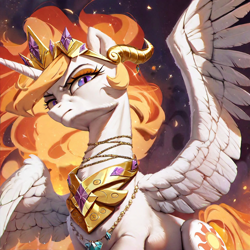 Size: 1024x1024 | Tagged: safe, ai content, derpibooru import, generator:pony diffusion v6 xl, generator:purplesmart.ai, generator:stable diffusion, machine learning generated, nightmare star, princess celestia, alicorn, pony, g4, angry, eyelashes, female, horns, jewelry, looking at you, looking down, looking down at you, mane of fire, necklace, nightmarified, nose wrinkle, peytral, prompter:dreaming dusk, purple eyes, regalia, slit eyes, solo, spread wings, sternocleidomastoid, tail, tail of fire, tiara, wings