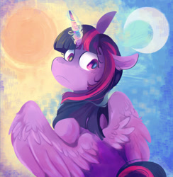 Size: 2072x2120 | Tagged: safe, artist:urbanqhoul, derpibooru import, twilight sparkle, twilight sparkle (alicorn), alicorn, pony, g4, abstract background, crescent moon, female, frown, high res, looking back, mare, moon, partially open wings, solo, sun, wings