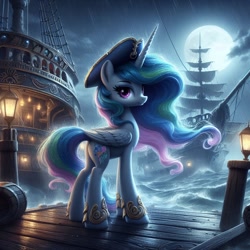 Size: 1024x1024 | Tagged: safe, ai content, derpibooru import, generator:dall-e 3, machine learning generated, princess celestia, alicorn, pony, g4, barrel, female, full moon, hat, lantern, looking at you, mare, moon, night, night sky, ocean, outdoors, pirate hat, prompter needed, rain, ship, sky, solo, storm, water, wave, wood, wrong cutie mark