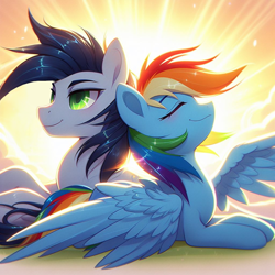 Size: 1024x1024 | Tagged: safe, ai content, derpibooru import, generator:bing image creator, machine learning generated, rainbow dash, soarin', g4, beach, beautiful, cloud, female, male, prompter:*rainbow dash*, shipping, smiling, soarindash, spread wings, straight, sun, wings