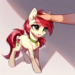 Size: 4096x4096 | Tagged: safe, ai content, derpibooru import, generator:purplesmart.ai, generator:stable diffusion, machine learning generated, roseluck, human, pony, g4, behaving like a cat, collar, cute, fluffy, hand, human on pony petting, offscreen character, offscreen human, pet tag, petting, pony pet, prompter:doom9454, rosepet, standing