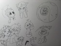 Size: 2048x1554 | Tagged: safe, artist:pony quarantine, derpibooru import, oc, oc only, oc:anon filly, oc:apogee, oc:dyx, oc:nyx, oc:zala, alicorn, earth pony, pegasus, pony, unicorn, baseball cap, butt, cap, dragon ball, dragon ball z, eyes on the prize, female, filly, foal, freckles, grayscale, hat, looking at you, looking back, looking back at you, monochrome, nervous sweat, pen drawing, plot, scouter, space pod, spaceship, sweat, traditional art, waving, waving at you