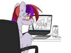 Size: 3100x2300 | Tagged: safe, artist:xwosya, derpibooru import, oc, oc only, oc:xwosya, pegasus, airpods, blushing, breaking the fourth wall, chair, colored, colored sketch, computer, confused, desk, drawing, drawing tablet, drink, earbuds, energy drink, female, glasses, high res, kissing, laptop computer, looking at you, pegasus oc, simple background, sitting, sketch, solo, stylus, wacom, white background