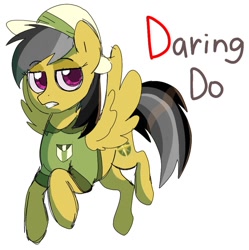 Size: 896x898 | Tagged: safe, artist:birch_cat, derpibooru import, daring do, pegasus, pony, g4, clothes, female, mare, shirt, simple background, solo, text, white background