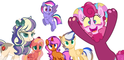 Size: 1024x500 | Tagged: safe, artist:elementbases, artist:pegasister64, derpibooru import, oc, oc only, oc:precious, oc:raspberry streudel, oc:rosie quartz, oc:ruby apple, oc:sunburn, oc:vista rush, earth pony, pegasus, pony, unicorn, base used, bow, colored pupils, cute, cute little fangs, fangs, female, freckles, hair bow, horns, interspecies offspring, magical lesbian spawn, male, mare, next generation, offspring, open mouth, open smile, outline, parent:applejack, parent:big macintosh, parent:discord, parent:flash sentry, parent:fluttershy, parent:pinkie pie, parent:rainbow dash, parent:rarity, parent:sunset shimmer, parent:twilight sparkle, parents:discopie, parents:flashimmer, parents:fluttermac, parents:rarijack, parents:twidash, simple background, smiling, stallion, transparent background, white outline