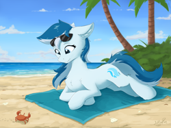 Size: 2275x1705 | Tagged: safe, artist:wolfypon, derpibooru import, oc, oc only, oc:serene dive, crab, earth pony, pony, beach, belly, cheek fluff, chest fluff, cloud, eyelashes, female, leg fluff, mare, ocean, palm tree, signature, smiling, solo, sunglasses, sunglasses on head, towel, tree, water
