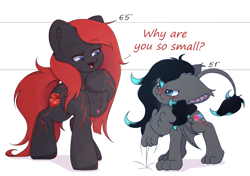Size: 1700x1200 | Tagged: safe, artist:eventseem, derpibooru import, oc, oc only, oc:obsidian blossom, bat pony, crystal pony, earth pony, pony, angry, bat pony oc, blushing, crystal, duo, ears, explain your smolness, female, floppy ears, mare, open mouth, red and black oc, simple background, smol, text, white background