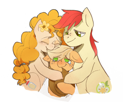 Size: 2828x2355 | Tagged: safe, artist:皮了个鼠, derpibooru import, applejack, bright mac, pear butter, earth pony, pony, g4, crying, cute, female, filly, filly applejack, foal, high res, hug, jackabetes, male, mare, simple background, stallion, white background, younger