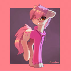 Size: 3000x3000 | Tagged: safe, artist:freeedon, derpibooru import, oc, oc only, oc:kiki strawberries, earth pony, pony, clothes, ear fluff, ears, earth pony oc, eye clipping through hair, eyebrows, eyebrows visible through hair, femboy, glasses, high res, hoodie, looking at you, male, smiling, smiling at you, solo, stallion