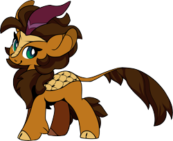 Size: 2233x1823 | Tagged: safe, artist:jennithedragon, derpibooru import, oc, oc only, oc:earthen spark, kirin, 2024 community collab, brown mane, cloven hooves, derpibooru community collaboration, green eyes, kirin oc, leonine tail, looking at you, orange body, orange coat, orange fur, scales, simple background, smiling, solo, tail, transparent background