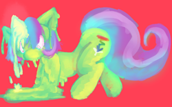 Size: 2746x1698 | Tagged: safe, artist:yellowcoatrobot, derpibooru import, oc, oc only, oc:shimmer spark, pony, unicorn, glowing, glowing horn, high res, horn, melting, red background, simple background, solo, wide eyes