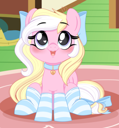 Size: 1769x1906 | Tagged: safe, artist:emberslament, derpibooru import, oc, oc:bay breeze, pegasus, pony, blushing, bow, clothes, collar, cute, female, hair bow, happy, heart, heart eyes, looking at you, looking up, looking up at you, mare, ocbetes, open mouth, pegasus oc, sitting, socks, striped socks, tail, tail bow, wingding eyes
