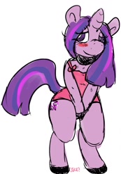 Size: 885x1280 | Tagged: safe, artist:tanukeki, artist:yellowcoatrobot, derpibooru import, twilight sparkle, pony, semi-anthro, unicorn, g4, blushing, choker, clothes, covering, female, one-piece swimsuit, shy, simple background, solo, swimsuit, white background