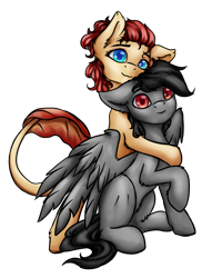 Size: 3342x4603 | Tagged: safe, artist:erie takagi, derpibooru import, oc, oc only, oc:erie takagi, oc:trigger_blow, pegasus, pony, 2024 community collab, cute, derpibooru community collaboration, hug, looking at you, pegasus oc, simple background, sitting, transparent background