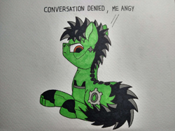 Size: 4000x3000 | Tagged: safe, artist:zocidem, derpibooru import, oc, oc:wrench, earth pony, pony, angry, augmented, drawing, looking at you, lying down, male, no shading, simple background, solo, speech bubble, traditional art