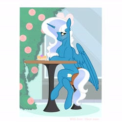 Size: 6890x6890 | Tagged: safe, artist:riofluttershy, derpibooru import, oc, oc only, oc:fleurbelle, alicorn, semi-anthro, alicorn oc, blushing, bow, cake, chair, coffee, coffee mug, concave belly, crossed legs, female, flower, food, golden eyes, hair bow, horn, large wings, mare, mug, partially open wings, ponies sitting like humans, sitting, slender, smiling, solo, sternocleidomastoid, table, thin, window, wings