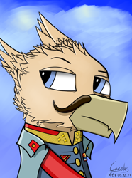 Size: 1248x1680 | Tagged: safe, artist:carolus rex, derpibooru import, oc, oc only, oc:grover vii, griffon, equestria at war mod, bust, clothes, equestria rises still (equestria at war submod), facial hair, gradient background, male, medal, moustache, portrait, uniform