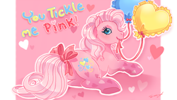 Size: 1024x581 | Tagged: safe, artist:conphetty, derpibooru import, pinkie pie (g3), earth pony, pony, g3, balloon, bow, female, gradient legs, heart, holiday, lying down, mare, mouth hold, pink background, prone, simple background, solo, tail, tail bow, text, toy interpretation, valentine's day