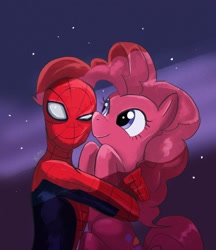 Size: 1772x2048 | Tagged: safe, artist:normanpp, derpibooru import, pinkie pie, earth pony, human, pony, g4, female, hug, male, marvel, spider-man, superhero