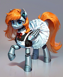 Size: 896x1088 | Tagged: safe, ai content, derpibooru import, generator:pony diffusion v6 xl, generator:stable diffusion, machine learning generated, pegasus, pony, robot, robot pony, clothes, cute, detailed, female, generator:ponydiffusion, hair, maid, mare, reflection, shadow, simple background, skirt, tail