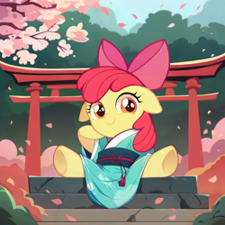 Size: 2048x2048 | Tagged: safe, ai content, derpibooru import, machine learning assisted, machine learning generated, apple bloom, earth pony, pony, g4, bush, cherry blossoms, clothes, female, filly, flower, flower blossom, foal, high res, hoof on cheek, kimono (clothing), looking at you, prompter needed, shrine, sitting, smiling, smiling at you, solo, spread legs, spreading, stairs, tree