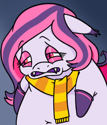 Size: 600x705 | Tagged: safe, artist:jargon scott, derpibooru import, oc, oc only, oc:arrhythmia, bat pony, pony, belly button, clothes, ears, eyeshadow, fangs, fat, female, floppy ears, gradient background, makeup, mare, open mouth, sad, scarf, socks, solo, striped scarf