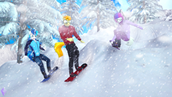 Size: 3840x2160 | Tagged: safe, artist:unie, derpibooru import, braeburn, double diamond, shining armor, anthro, plantigrade anthro, 3d, boots, clothes, helmet, high res, horn, jacket, pants, pine tree, shoes, snow, snowboard, snowboarding, sports, tail, tree