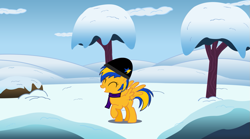 Size: 1133x628 | Tagged: safe, artist:mlpfan3991, derpibooru import, oc, oc only, oc:flare spark, pegasus, pony, g4, clothes, eyes closed, hat, scarf, smiling, snow, solo, winter, winter hat